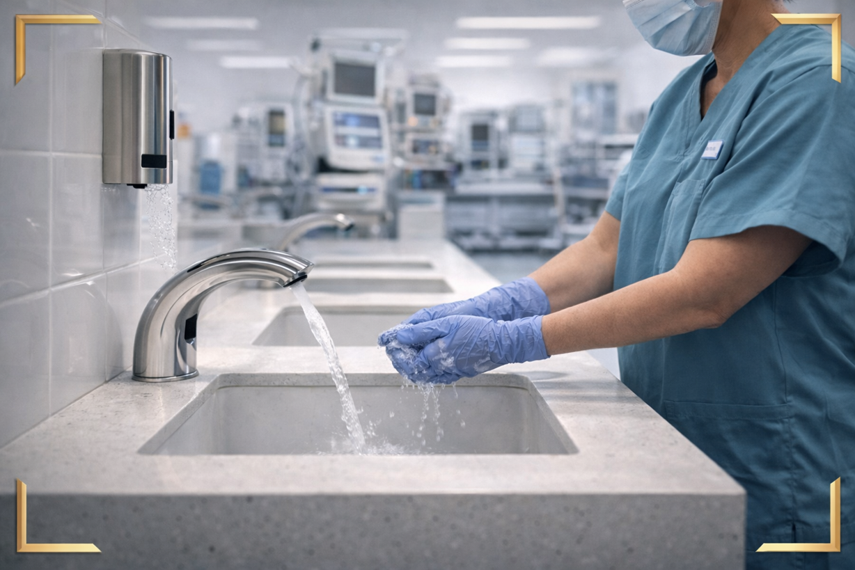 Modern hospital restroom with touchless sensor faucets and automatic soap dispensers